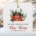 First Christmas New Home Watercolor House Red Ceramic Ornament<br><div class="desc">Celebrate your first Christmas in your new home with this cute keepsake ornament, featuring a watercolor painting of a cozy red cottage surrounded by green and yellow winter foliage. The text reads "Our First Christmas in Our New Home, " with the words "New Home" in red calligraphy and the remaining...</div>