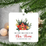 First Christmas New Home Watercolor House Red Metal Ornament<br><div class="desc">Celebrate your first Christmas in your new home with this cute keepsake ornament, featuring a watercolor painting of a cozy red cottage surrounded by green and yellow winter foliage. The text reads "Our First Christmas in Our New Home, " with the words "New Home" in red calligraphy and the remaining...</div>