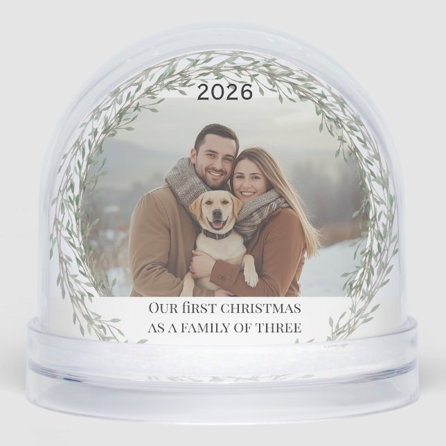 First Christmas new puppy photo family of three Snowglobe (Front)
