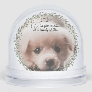 First Christmas new puppy photo family of three Snowglobe