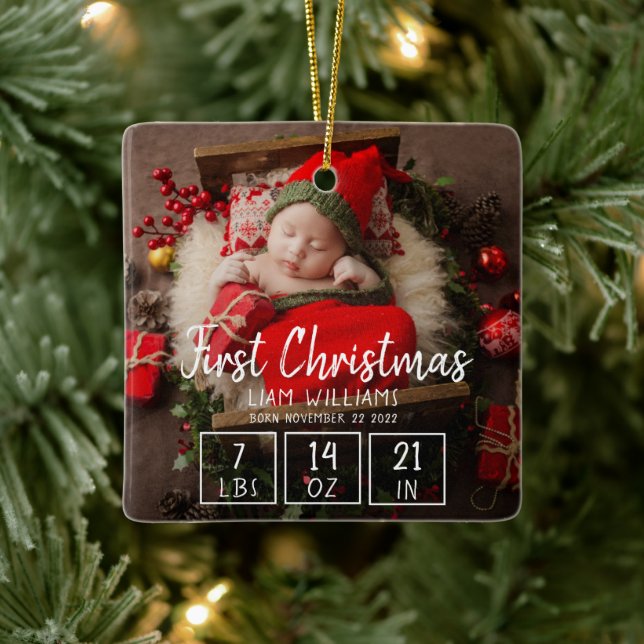 First Christmas newborn baby birth stats one photo Ceramic Ornament (Tree)