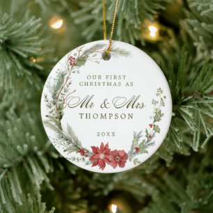 First Christmas Newlyweds Classic Wreath Ceramic Ornament