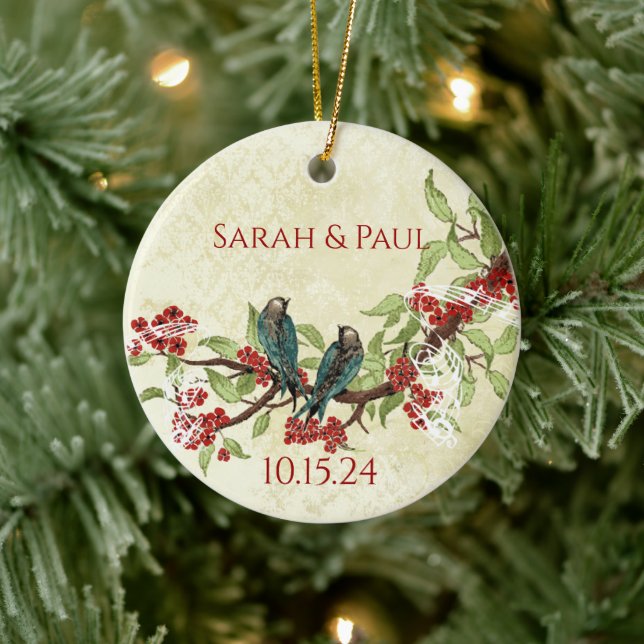 First Christmas Newlyweds Photo Love Birds Ceramic Ornament (Tree)