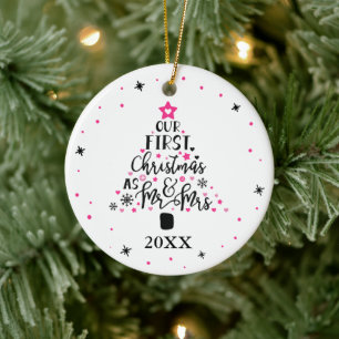 First Christmas Newlyweds Typography Script Ceramic Ornament
