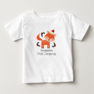 First Christmas Orange Fox In Santa Hat Customized Baby T-Shirt