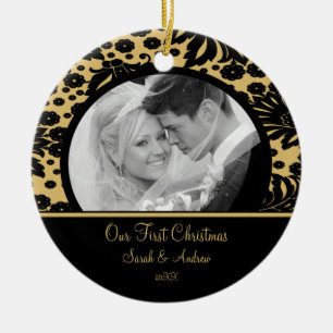 First Christmas Ornament Photo Gold & Back Damask