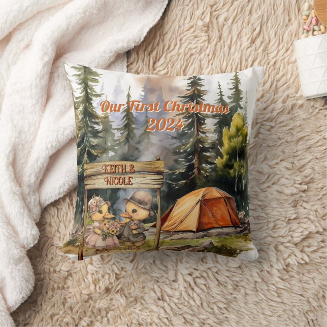 First Christmas Outdoorsy Couple Newlywed Throw Pillow (Blanket)