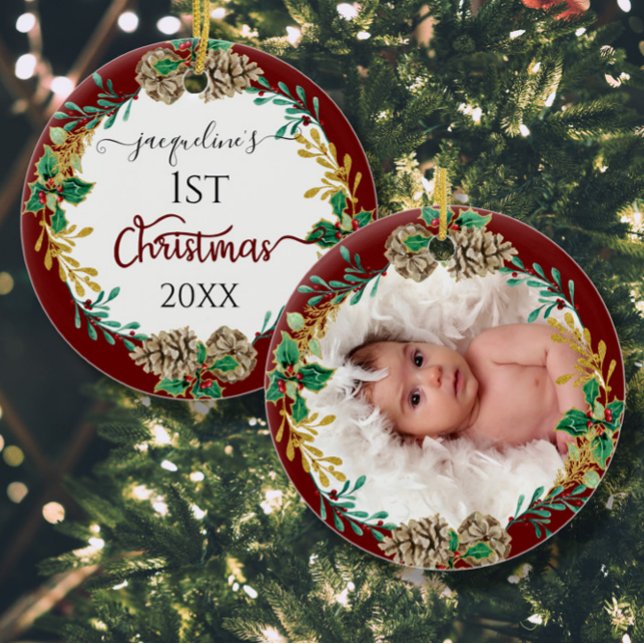 First Christmas Parents Holly Pine Cone Leaf Photo Ceramic Ornament (Creator Uploaded)