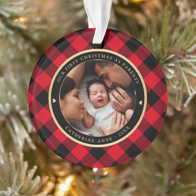 First Christmas Parents Rustic Red Plaid Photo Ornament (Tree)
