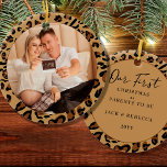 First Christmas Parents to Be Leopard Print Photo Ceramic Ornament<br><div class="desc">First Christmas photo ornament, which you can personalize for a first christmas as parents to be or any other big event. The design is double sided and features leopard print frames with hand lettering. The photo template displays your picture as a round shape and the other side is lettered with...</div>