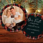 First Christmas Parents to Be Tartan Plaid Photo Ceramic Ornament<br><div class="desc">First Christmas photo ornament, which you can personalize for a first christmas as parents to be or any other big event. The design is double sided and features tartan plaid frames with hand lettering. The photo template displays your picture as a round shape and the other side is lettered with...</div>