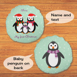 First Christmas penguins custom text double-sided Round Pillow
