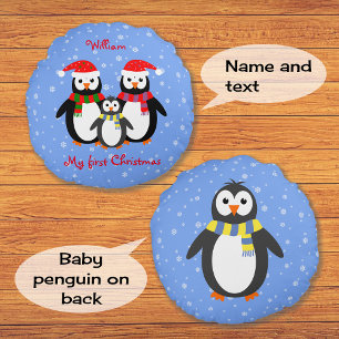 First christmas penguins your text two-sided blue round pillow