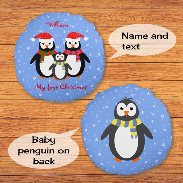 First christmas penguins your text two-sided blue round pillow (Creator Uploaded)