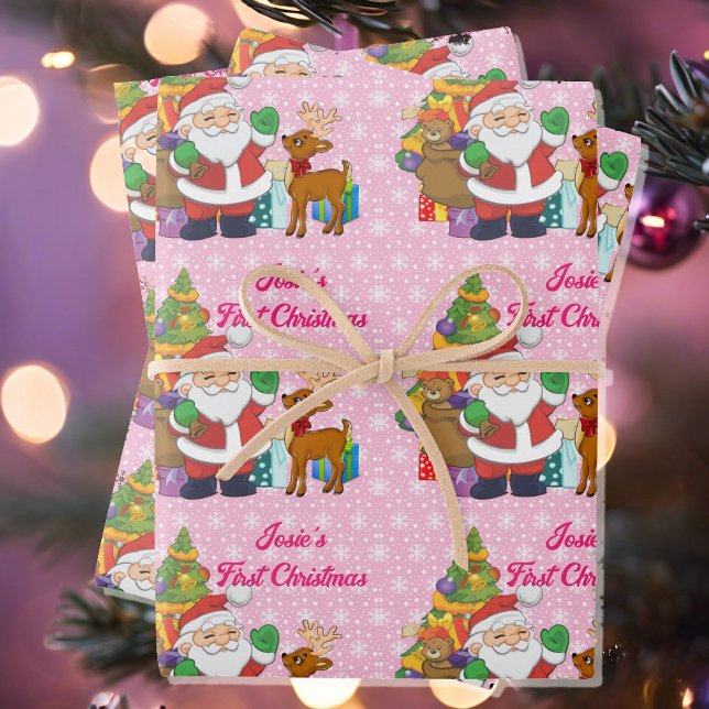 First Christmas Personalize Child's Name Santa 3 Wrapping Paper Sheet (Creator Uploaded)