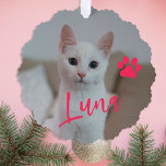 First Christmas pet cat photo name paw custom Ornament Card<br><div class="desc">Modern add your pet name pink script and paw print First Christmas keepsake tree ornament card.</div>