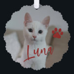First Christmas pet cat photo name paw custom red Ornament Card<br><div class="desc">Modern add your pet name dark red burgundy script and paw print First Christmas keepsake tree ornament card.</div>