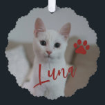 First Christmas pet cat photo name paw custom red Ornament Card<br><div class="desc">Modern add your pet name dark red burgundy script and paw print First Christmas keepsake tree ornament card.</div>