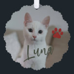 First Christmas pet cat photo name paw red green Ornament Card<br><div class="desc">Modern add your pet name dark red burgundy and green script and paw print First Christmas keepsake tree ornament card.</div>