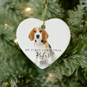 First Christmas Pet Photos Modern Script Heart Ceramic Ornament