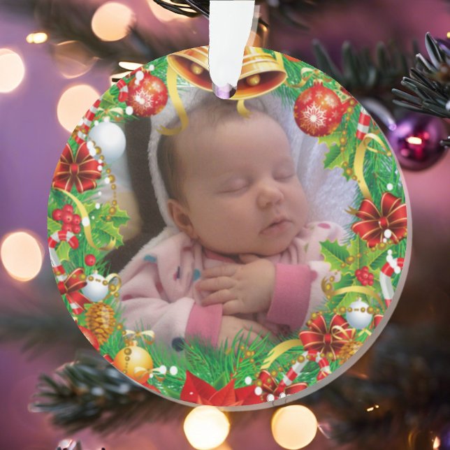First Christmas Photo Baby Name & Date of Birth Ornament (Creator Uploaded)