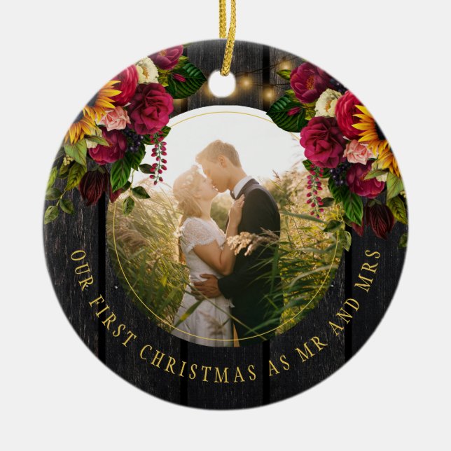 First Christmas photo Mr and Mrs floral rustic  Ceramic Ornament (Front)