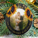 First Christmas PHOTO Mr and Mrs sunflower rustic Ceramic Ornament<br><div class="desc">Rustic country newlyweds wedding round photo First Christmas as Mr. and Mrs. personalized tree ornament with yellow gold sunflower bouquets over a dark brown barn wood.            Easy to customize with your names,  text and photo!           It can be a pretty keepsake gift for a new couple.</div>