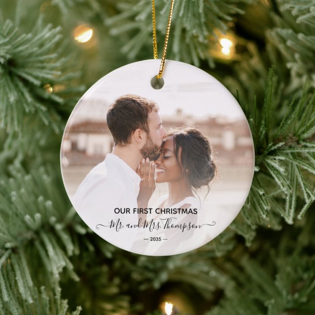First Christmas Photo Mr Mrs  Script Newlyweds  Ceramic Ornament (Tree)