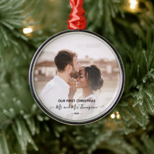 First Christmas Photo Mr Mrs Script Newlyweds Metal Ornament