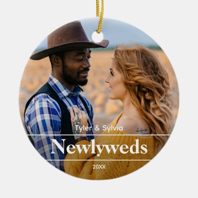 First Christmas Photo Newlyweds Ceramic Ornament (Front)