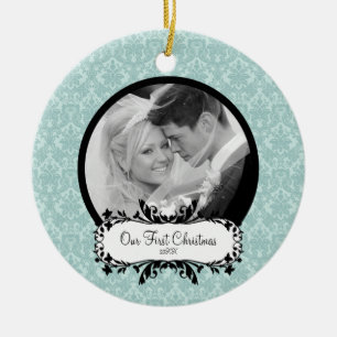 First Christmas Photo Ornament Blue Damask
