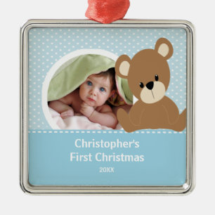First Christmas Photo Ornament Cute Baby Bear Boy