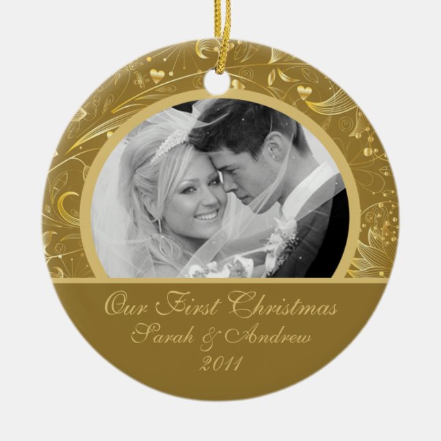 First Christmas Photo Ornament Gold Floral (Front)