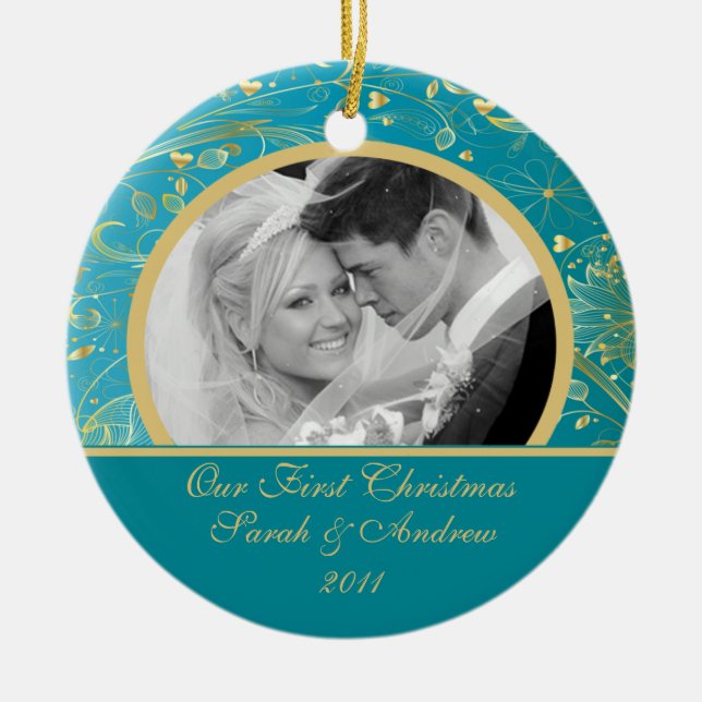 First Christmas Photo Ornament Gold Floral Blue (Front)