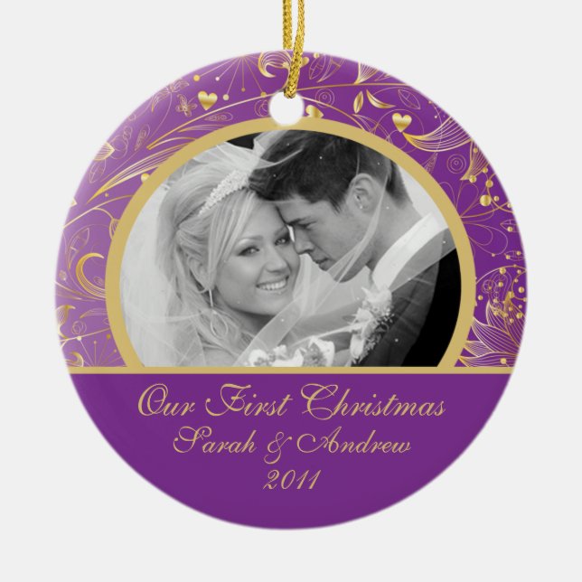 First Christmas Photo Ornament Gold Floral Purple (Front)