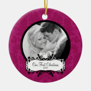 First Christmas Photo Ornament Pink Damask