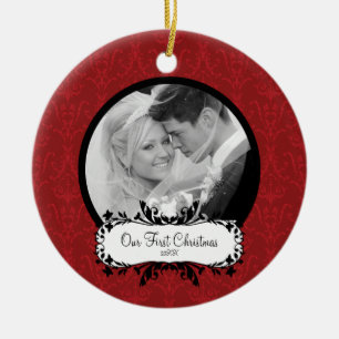 First Christmas Photo Ornament Red Damask