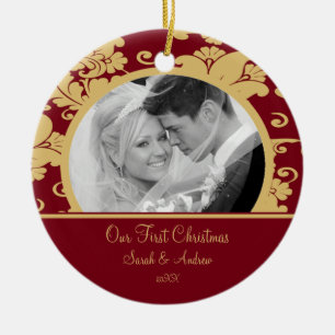 First Christmas Photo Ornament Red & Gold Damask
