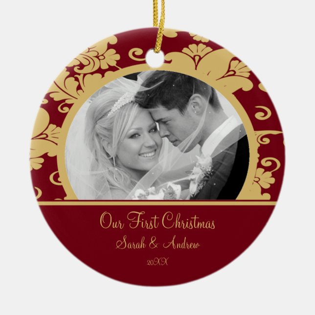 First Christmas Photo Ornament Red & Gold Damask (Front)