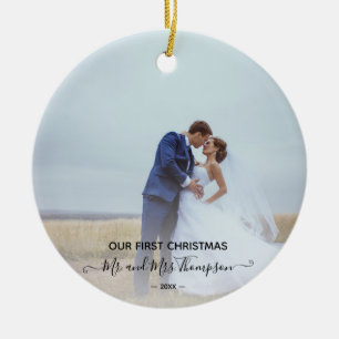 First Christmas Photo Signature Script Newlyweds O Ceramic Ornament