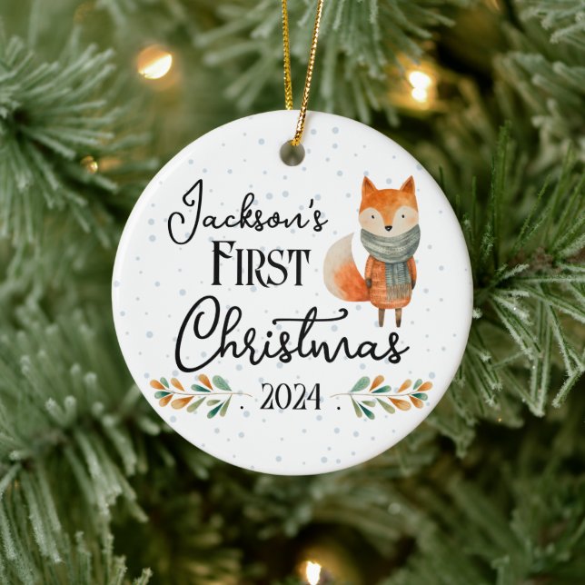 First Christmas Photo Watercolor Fox Ceramic Ornament (Tree)
