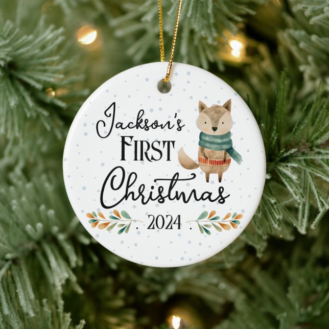 First Christmas Photo Watercolor Wolf Ceramic Ornament (Tree)