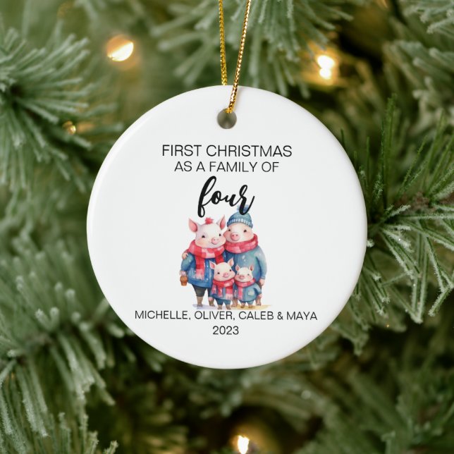 First Christmas Pig Family of Four Ceramic Ornament (Tree)