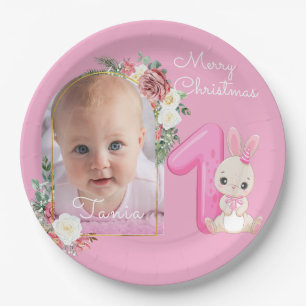 First Christmas Pink Baby Girl Photo floral Paper Plate