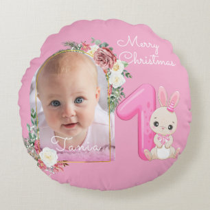 First Christmas Pink Baby Girl Photo floral Round Pillow
