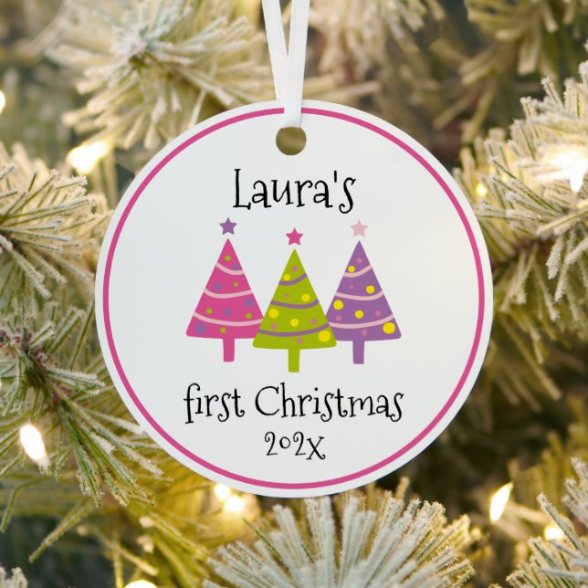 First Christmas Pink Trees Personalized Metal Ornament (Insitu)