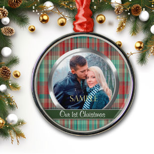 First Christmas Plaid Photo Template Metal Ornament
