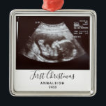 First Christmas Pregnancy Ultrasound Photo Custom Metal Ornament<br><div class="desc">It's always a good time to share this exciting news with your nearest and dearest. Perfect Christmas gift idea for the grandma the rest of the family with an ultrasound photo ornament. Easily add the baby scan photo and a name by clicking the "Personalize" button Customize this unique announcement display,...</div>