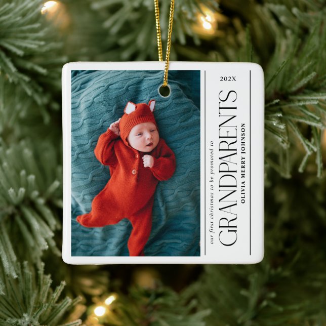 First Christmas Promoted Grandparents Daddy Photo Ceramic Ornament (Tree)