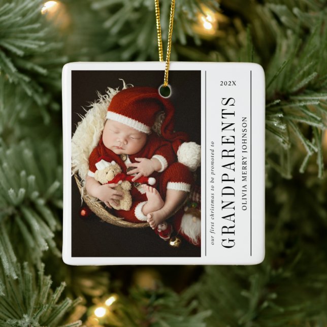 First Christmas Promoted Grandparents Daddy Photo Ceramic Ornament (Tree)